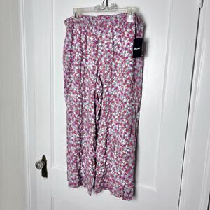 DKNY Women's Pink Ditsy Floral Stretch Wide Leg Pedal Pusher Pull On Pants M NEW